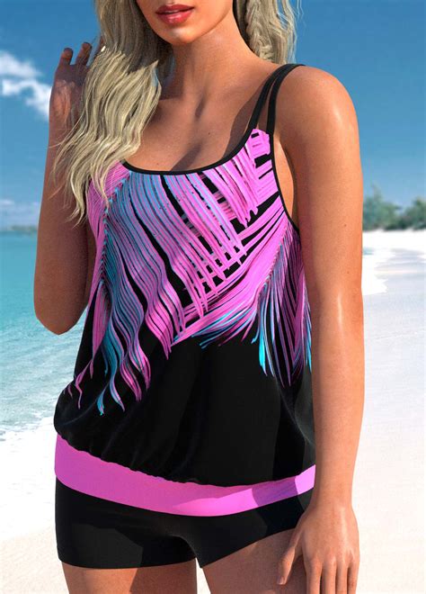 Leaf Print Double Straps Hot Pink Tankini Top Rosewe USD 31 98