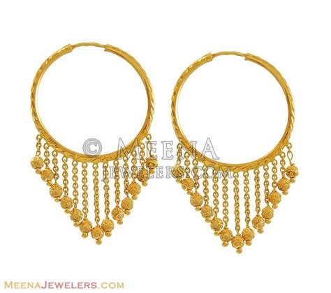 22k Gold Bali With Dangling Erhp8057 22kt Gold Hoop Earrings With Small Chains And Gold