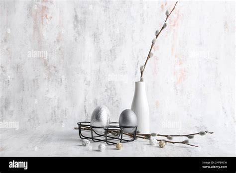 Composition With Easter Eggs And Pussy Willow Branches On Light