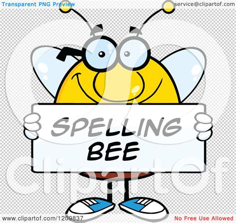 Cartoon Of A Happy Bee Student Holding A Spelling Bee Sign Royalty