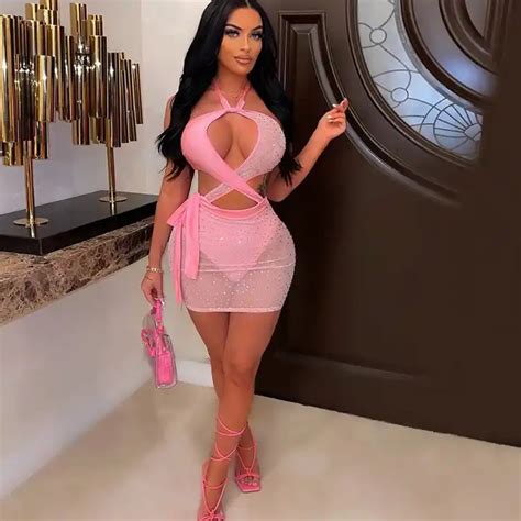 X S Hot Wind Sexy Hollow Hanging Neck See Through Hot Drill Package Hip Skinny Dress