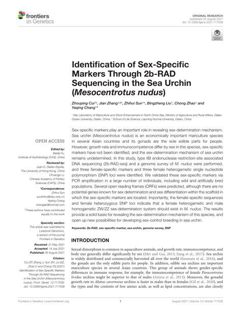 PDF Identification Of Sex Specific Markers Through B RAD Sequencing In The Sea Urchin