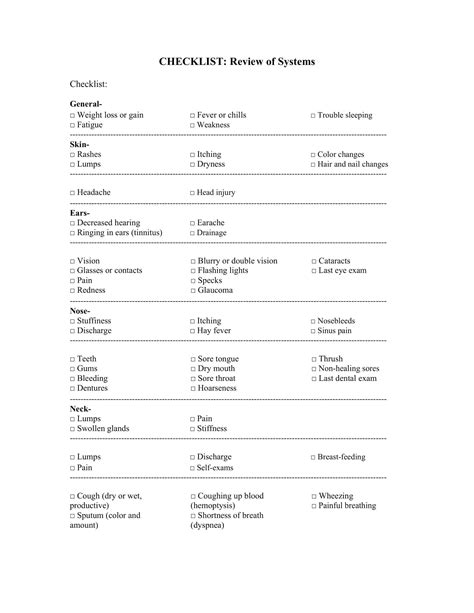 Free Printable Review Of Systems Templates [PDF, Word]