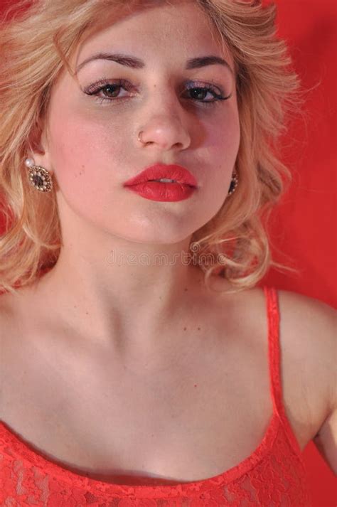 Very Sensual And Beautiful Blonde Girl With Blue Eyes And Red Li Stock Image Image Of Head