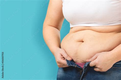 Unrecognizable Fat Plump Plus Size Overweight Woman Standing Showing Excess Naked Belly