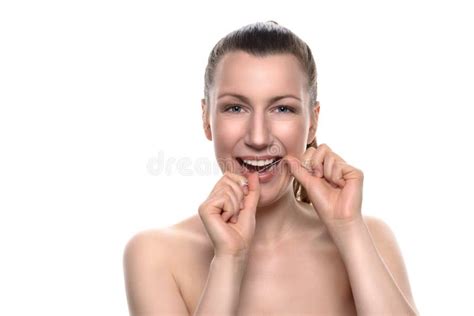 Smiling Naked Woman Using Dental Floss Stock Photo Image Of Happy Decay