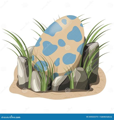 Spotted Dinosaur Egg In Cartoon Style Reptile Egg In Nest And Grass