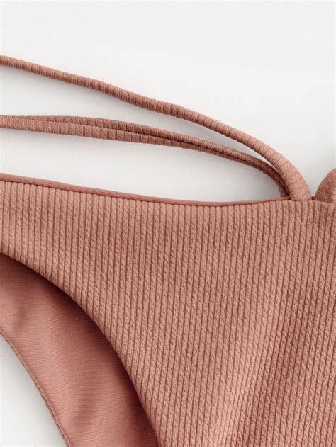 Double Deep Plunge Bow Detail Ribbed Bikini Set SheIn Sheinside
