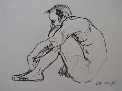 Original Charcoal Pencil Drawing Of A Male Nude In A Crouching Pose In Profile Picclick Uk