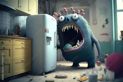 The Fridge Monster Strikes A Kitchen Filled With Chaos Concept Of Fear