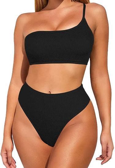 Viottiset Women S Ribbed One Shoulder Bikini Set High Waist Cut Piece Swimsuit Bathing Suit