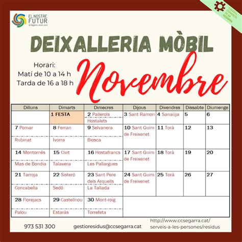 Calendari De La Deixalleria M Bil Del Mes De Novembre Gesti De Residus