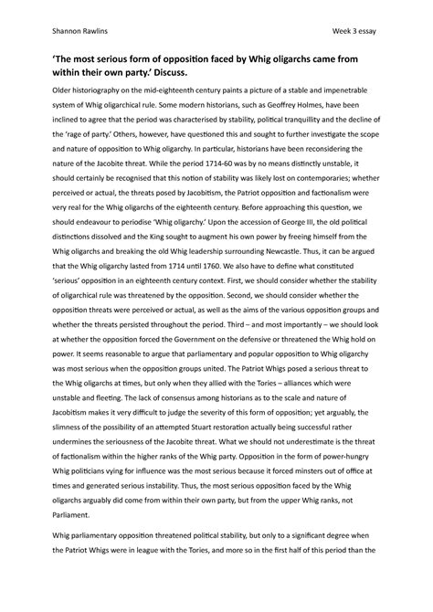 Week 3 essay - Grade: 2.1 - ‘The most serious form of opposiion faced