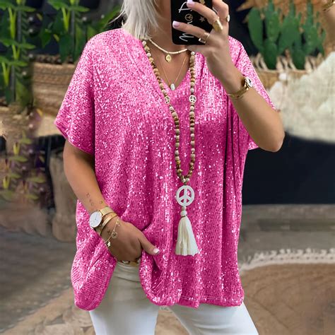 Summer Deals!Plus Size Sequin Sparkle Tops for Women,Glitter Tops for