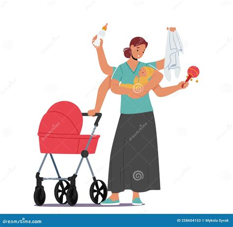 Madre Con Molte Braccia Tiene Il Pannolino Da Latte Per Neonati Stroller E Annerisce A Mani Nude