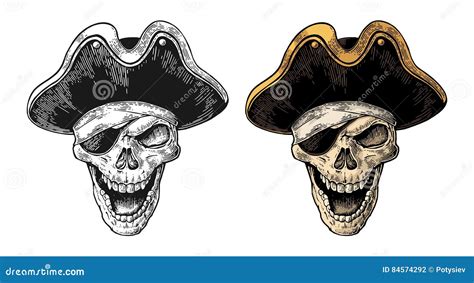 Череп в одеждах пирата наблюдает усмехаться заплаты и шляпы Иллюстрация ...