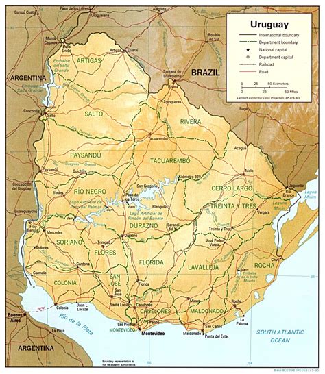 large detailed relief  political map  uruguay  roads