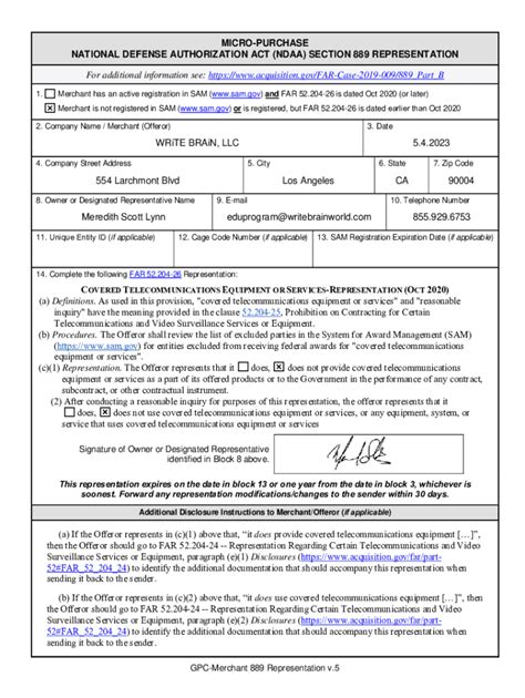 Fillable Online National Defense Authorization Act Ndaa Section 889