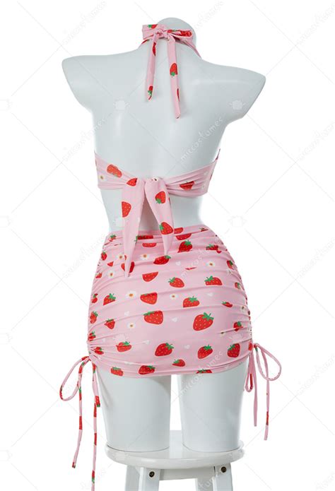 Retro Vintage Strawberry Swimsuit Halter High Waist Bikini Set Two Piece Bathing Suit Top