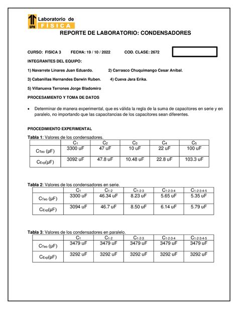 Reporte LAB Semana 9 REPORTE DE LABORATORIO CONDENSADORES CURSO