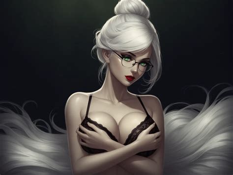 Fantasy Woman In Sexy Lingerie With Green Eyes And White Hair In A Dark Setting AI Art Generator