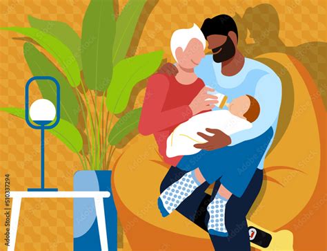 Vetor de Vetor de família gay Casal de pais gays amamentando o filho bebê carinhosamente