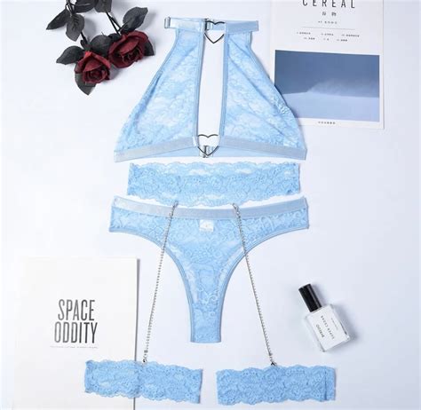 Baby Blue Lingerie Set Flower Embroidery Lingerie Three Piece Etsy