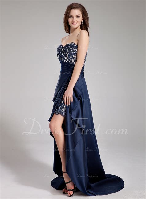 A Lineprincess Sweetheart Asymmetrical Satin Prom Dress With Beading Appliques Lace Cascading