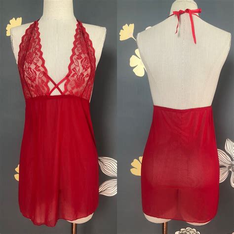 Babydoll Lingerie S Red Babydoll With Lace Halter Bodice Sheer Vintage Lingerie Babydoll S