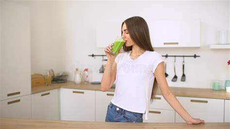 Green Detox Smoothie Healthy Woman Drinking Vegetable Smoothie Happy