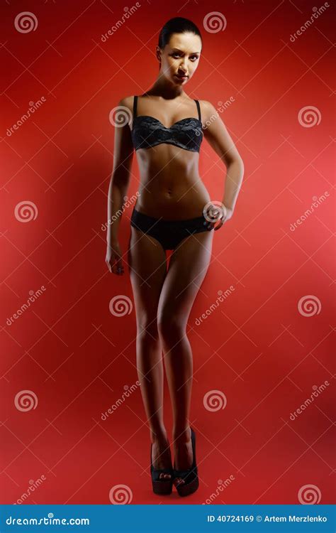 Beautiful Brunette In Lingerie On Red Background Stock Image Image Of Figure Female