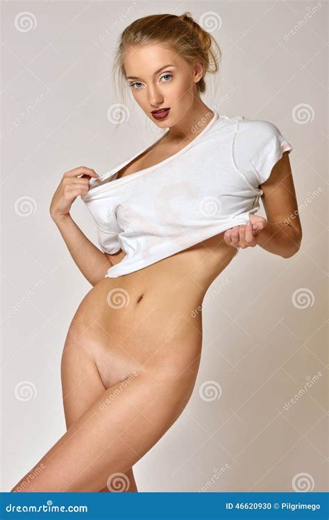Beautiful Naked Blonde Woman In White T Shirt Stock Photo Image Of Studio Naked 46620930