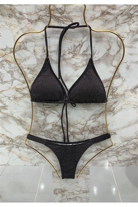 XORVİO Kadın Yeni Sezon Likralı Esnek Boyundan Bağlamalı Şık Ipli Üçgen Bikini Takımı Fiyatı