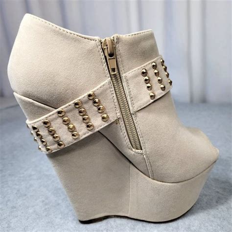 Mona Mia Shoes Mona Mia Nude With Gold Studs Faux Leather Wedge Booty Poshmark