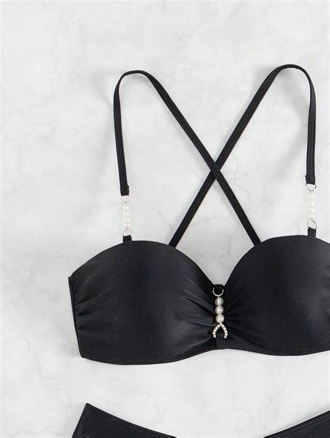 SHEIN Swim Vcay Women S Pearl Decorated Push Up Bra And Brazilian Bikini Set SHEIN UK