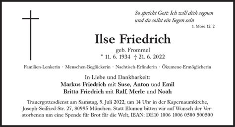 Traueranzeigen Von Ilse Friedrich Sz Gedenken De