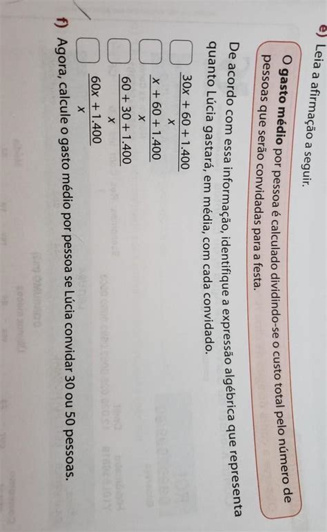 e Leia a afirmação a seguir O gasto médio por pessoa é calculado