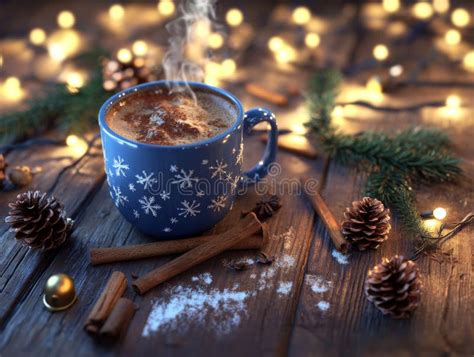 A Cozy Winter Scene With A Mug Of Steaming Hot Cocoa And Holiday Decorations Stock Illustration