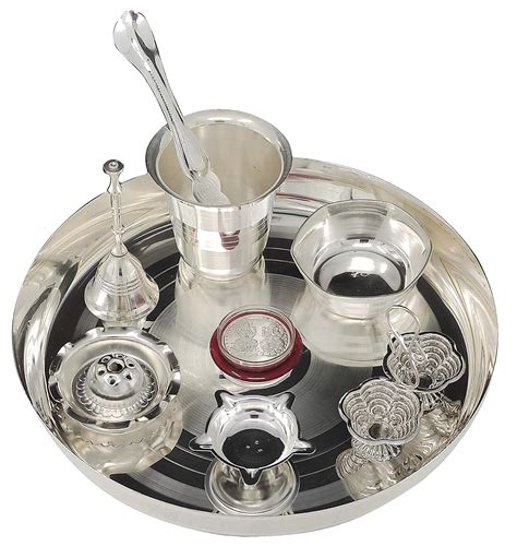 Bengalen Pooja Thali Set Silver Plated With Inch Plate Diya Glass