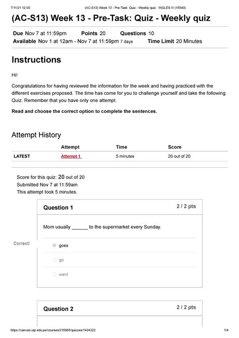 Ac S Week Pre Task Quiz Weekly Quiz Ingles Iii Utp Studocu