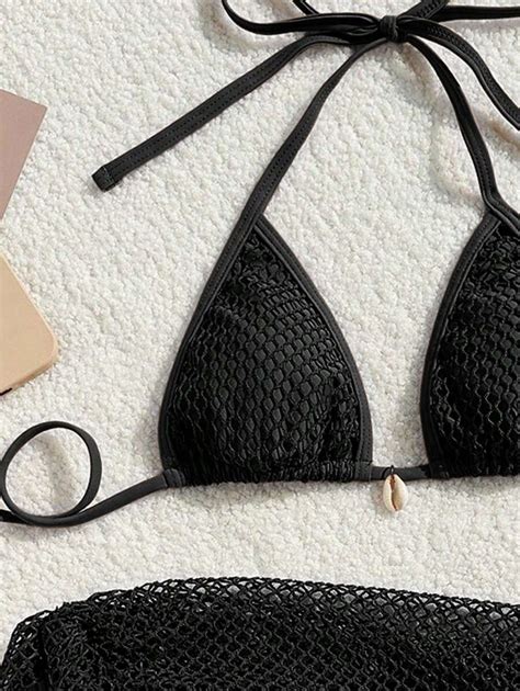 Swim Mod Summer Beach Women S Solid Color Halter Neck Spaghetti Strap Triangle Bikini Set