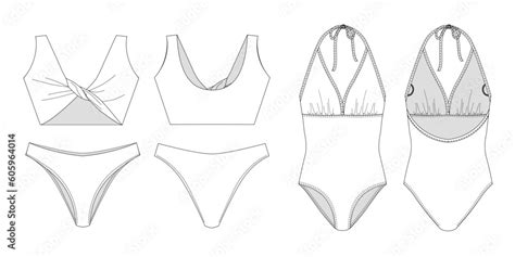 Woman Swimwear Bikini Technical Drawing Template Sketch Flat Mock Up Recycled Lycra