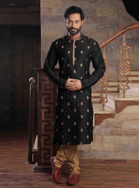 Black Silk Readymade Kurta Pajama 150958 Wearing Black Silk Bottoms Black Silk