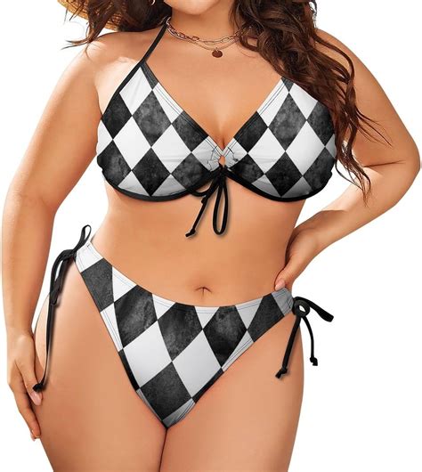 Women Watercolor Black And White Argyle Plus Size String Triangle Bikini Set Adjustable Halter
