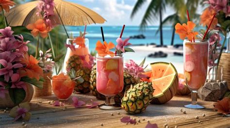 Premium Ai Image Tropical Cocktails In Beach Decorations