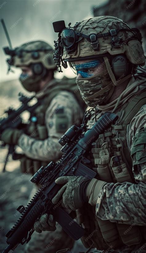 Серьезный храбрый солдат в военной форме и солнцезащитных очках целится ...