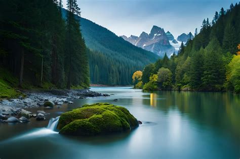 Premium Photo | A river flows through a forest with a mountain in the ...