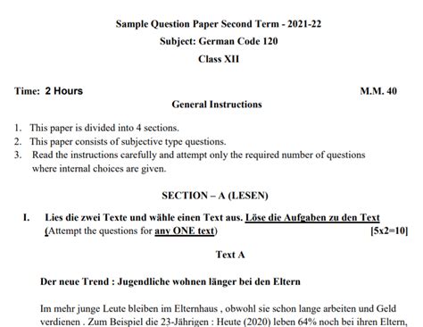 Cbse Class 12 Term 2 German Sample Question Papers 2021 22 Pdf