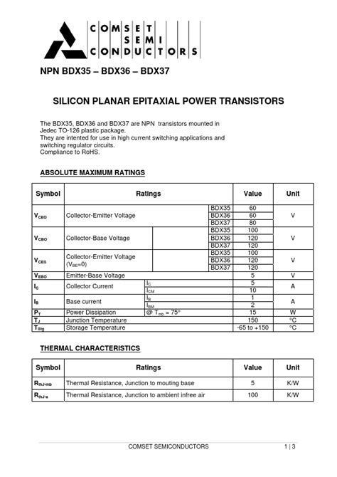 Bdx35 Comset Semiconductors Transistor Hoja De Datos Ficha Técnica Distribuidor Inventario Y