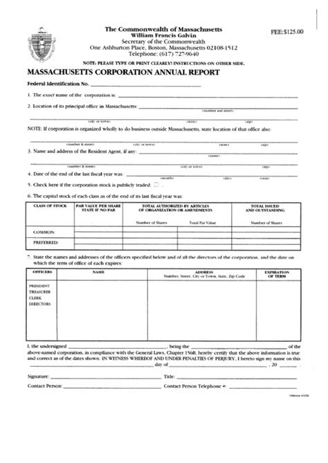 Massachusetts Corporation Annual Report Secretary Of The Commonwealth